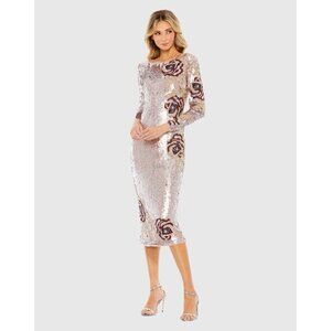 Mac Duggal Size 6 Pink SEQUINED Beaded FLORAL LONG SLEEVE MIDI Cocktail DRESS